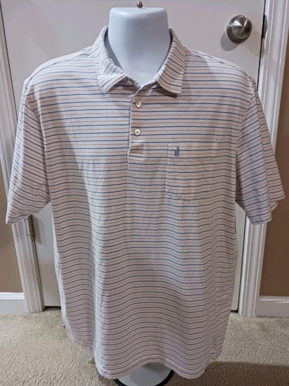 johnnie-O Men's XL White Polo Shirt with Thin Blue And Orange Stripes